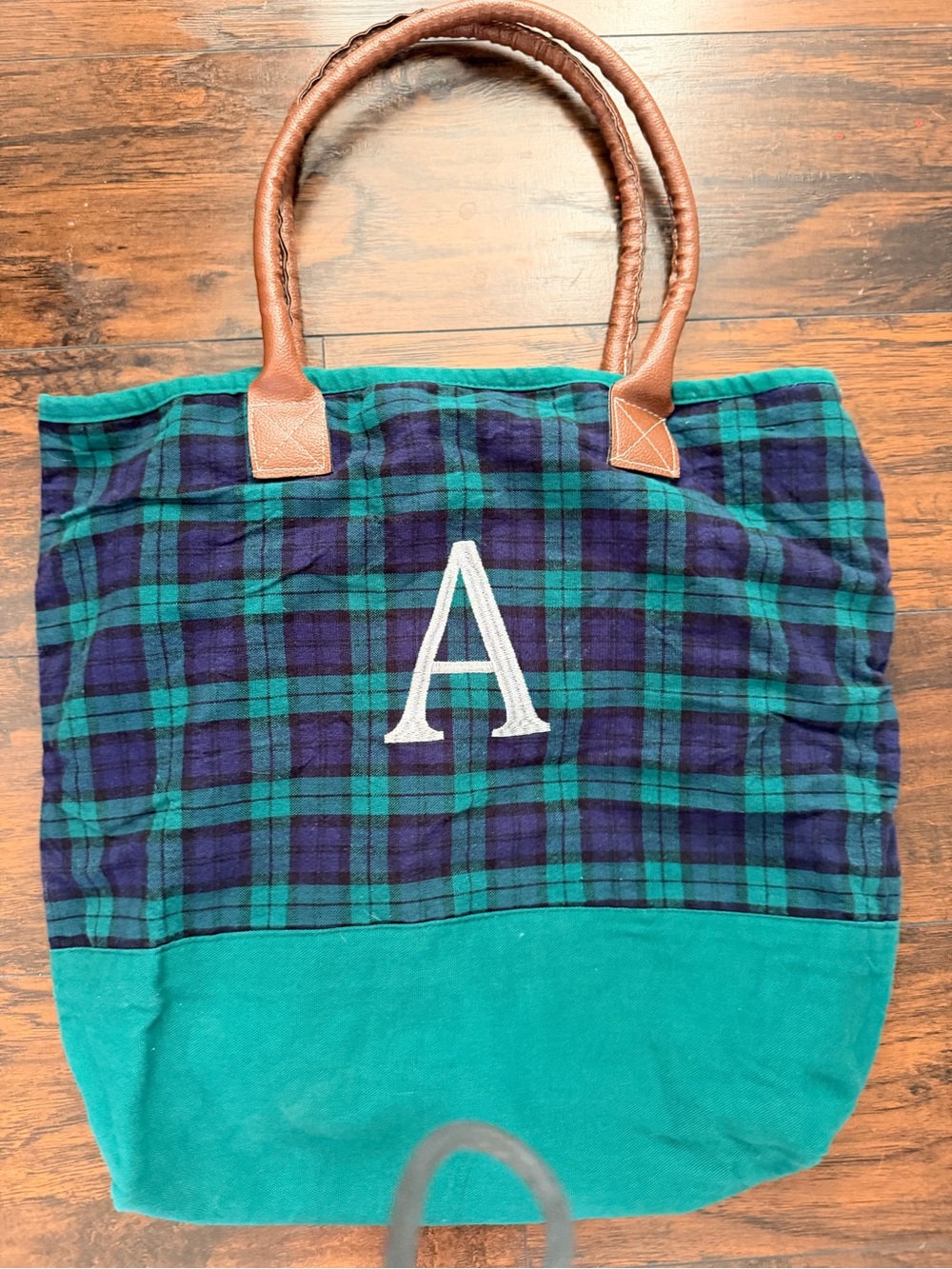 Monogram 'A' Plaid Tote Bag with Leather Handles - Green & Navy